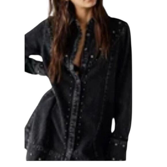 Free People Bennett Mini Denim Studded Dress Jacket Black Sz Medium - Picture 2 of 15